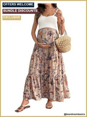 Maternity Ruffle Maxi Skirt Floral High Waist Tiered Boho Long